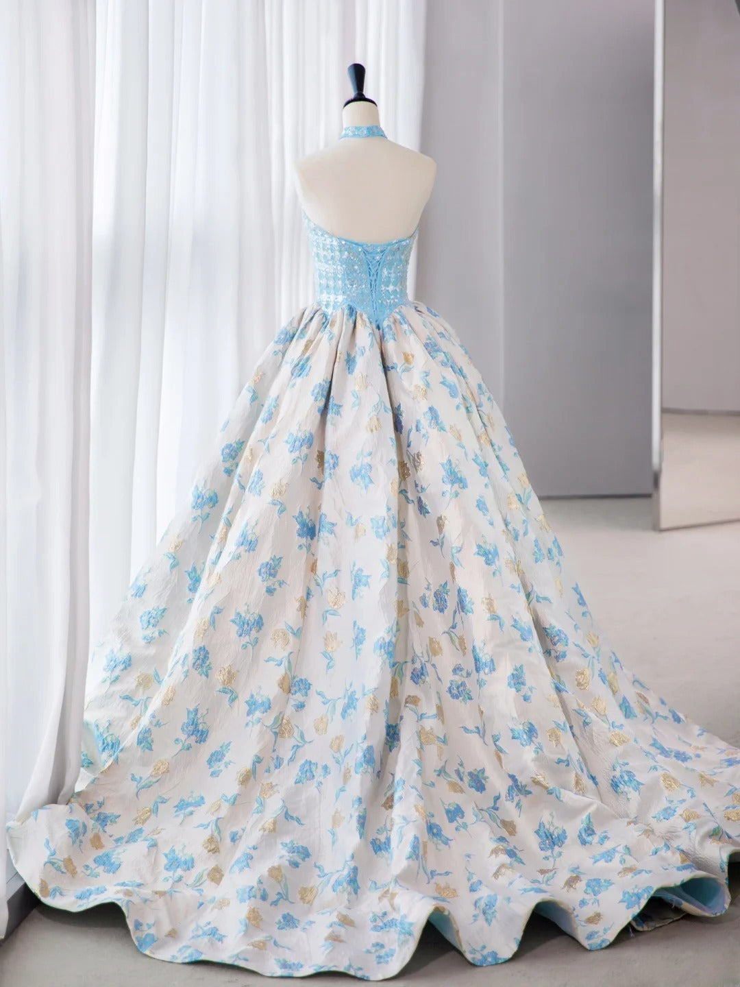 Süße lange Quinceañera-Kleider, Ballkleid, trägerlos, blaues Blumenmuster, Satin mit Perlen, Quince-Kleid MP263