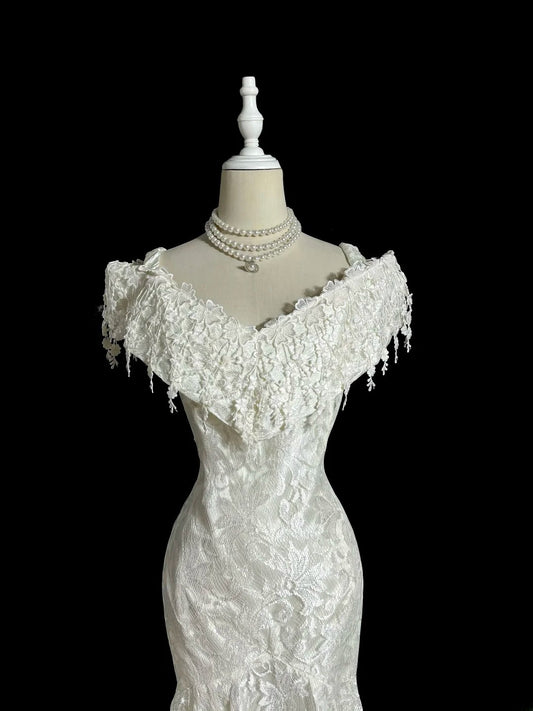 Vintage Mermaid Off The Shoulder Ivory Lace Short Princess Bridal Gowns Wedding Dresses MP394