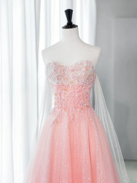 Classy Elegant Long Prom Dresses A Line Strapless Pink With Cape Tulle Senior Formal Dress Ideas Graduation Gown MP265