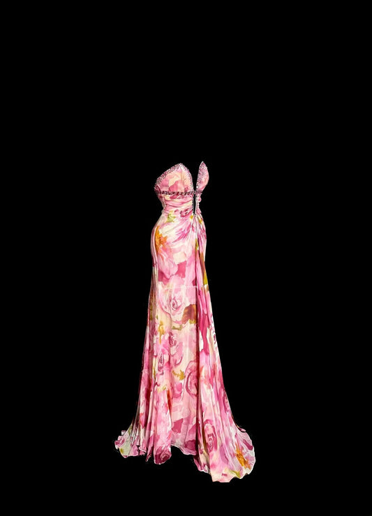 Modest Mermaid Sweetheart Floral Chiffon Sleeveless Prom Dresses Long Formal Dresses Graduation Gown MP404