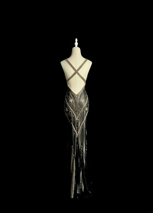 Sparkly Mermaid V Neck With Beading Sleeveless Prom Dresses Long Formal Dress Graduation Gown MP486