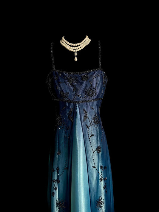 Vintage A line Spaghetti Straps Ombre Blue Satin Sleeveless Prom Dresses Long Formal Dress Graduation Gown MP489