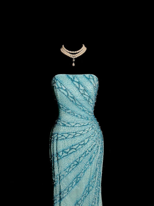 Modest Mermaid Strapless Blue With Pleated Beading Sleeveless Prom Dresses Long Formal Dress Graduation Gown MP495