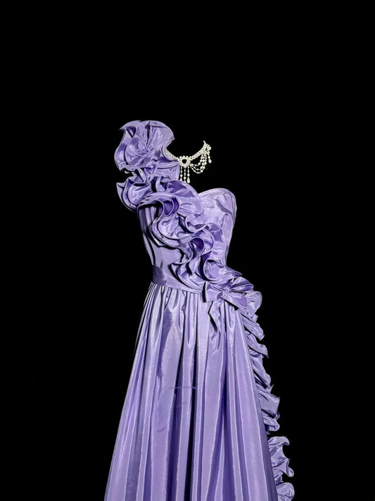 Modest A line One Shoulder Lilac Satin With Ruffles Sleeveless Prom Dresses Long Formal Dress Graduation Gown MP499