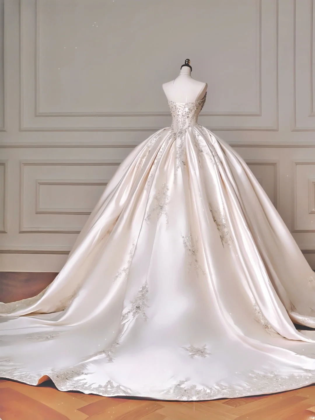 Timeless Ball Gown Strapless Ivory Satin Lace Tulle With Appliques Princess Wedding Dresses MP004