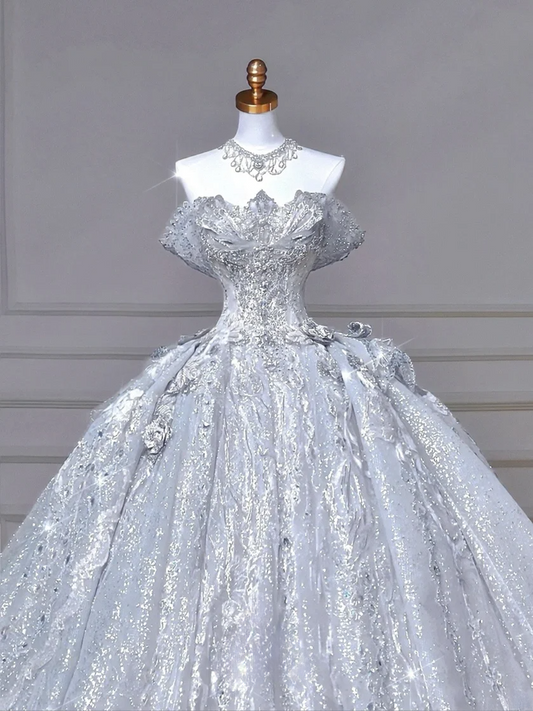 Zeitloses Ballkleid, schulterfrei, hellblau, Pailletten und Spitze, mit besticktem Oberteil, Prinzessinnen-Hochzeitskleid MP006
