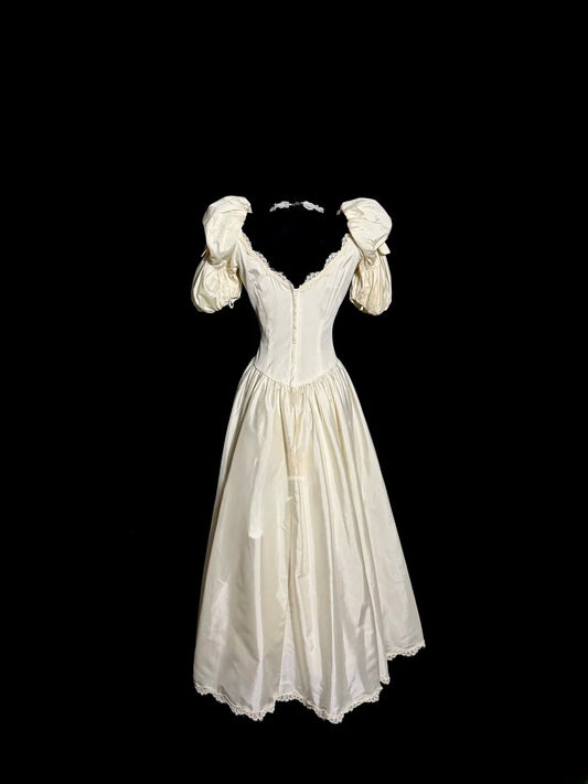 Vintage A line V Neck 1960s Ivory Lace Tea Length Princess Bridal Gowns Wedding Dresses MP506