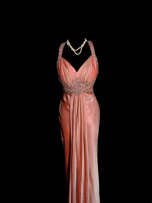 Modest Mermaid Coral Halter Satin With Beading Backless Prom Dresses Long Formal Dress Graduation Gown MP506