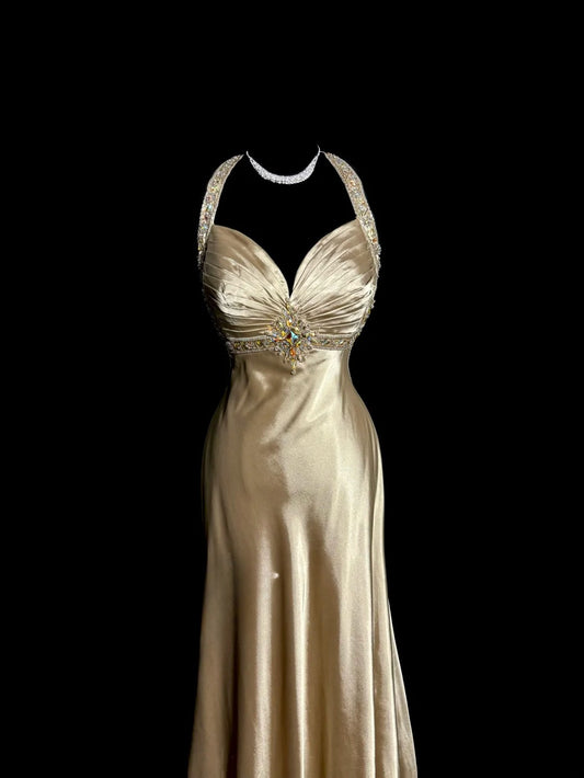 Modest Mermaid Champagne Halter Satin With Beading Backless Prom Dresses Long Formal Dress Graduation Gown MP507