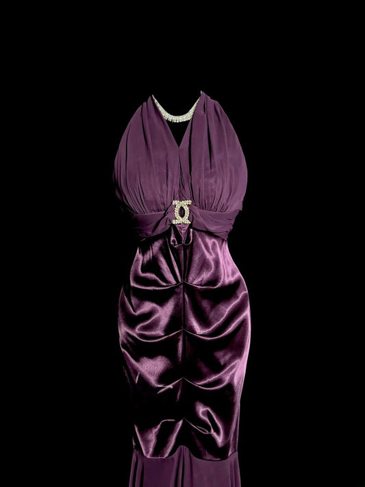 Modest Mermaid Purple Chiffon Halter Satin With Beading Backless Prom Dresses Long Formal Dress Graduation Gown MP508