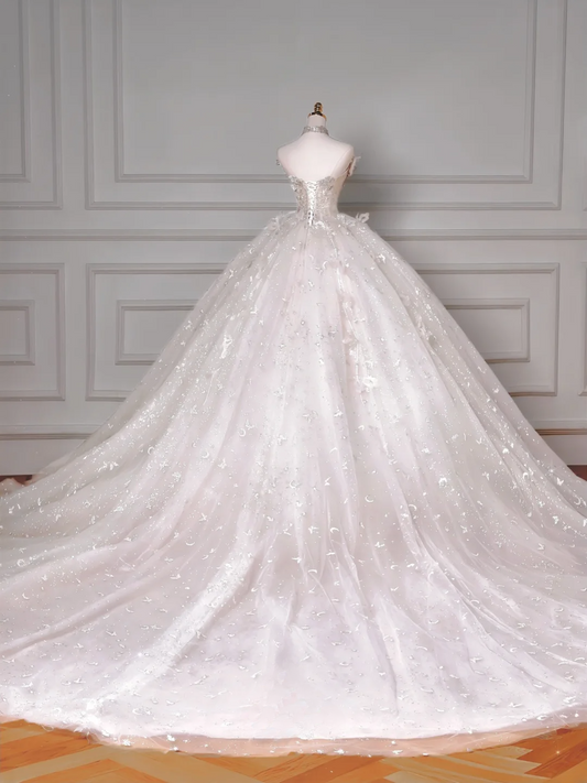 Zeitloses Ballkleid, herzförmiger Ausschnitt, Spitze, ärmellos, mit Perlen- und Kristalloberteil, Brautkleider, Prinzessin-Hochzeitskleider MP011