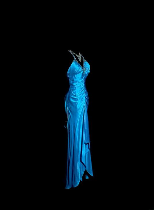 Modest Mermaid Royal Blue Halter Satin With Open Backs Prom Dresses Long Formal Dress Graduation Gown MP510