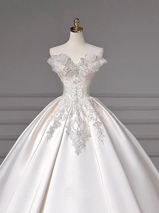Timeless Ball Gown Sweetheart White Satin Sparkle With Beaded Bodice Appliques Removable Long Sleeves Princess Bridal Gown Wedding Dresses MP016