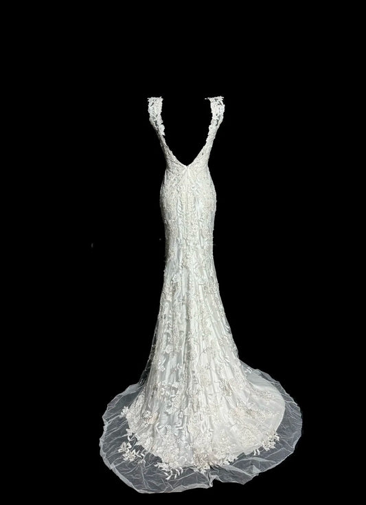 Elegant Mermaid V Neck Ivory With Open Backs Garden Princess Bridal Gowns Wedding Dresses MP519