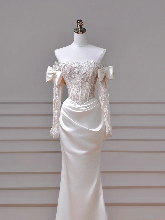 Elegant Mermaid Strapless White Satin With Long Sleeves Lace Bodice Princess Bridal Gown Wedding Dresses MP020