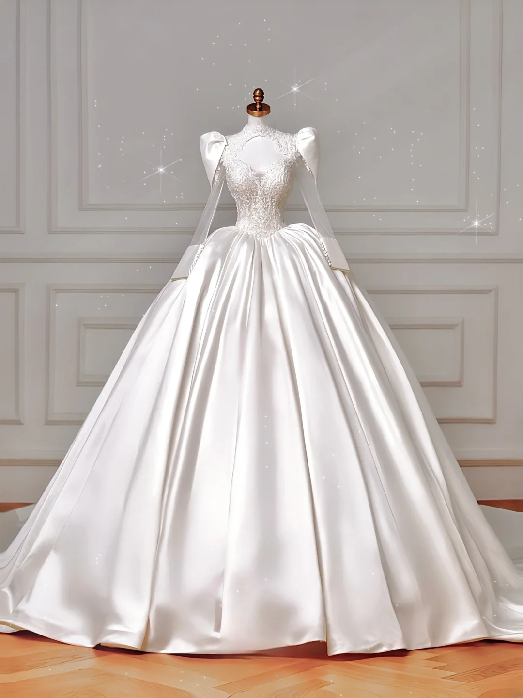 Timeless Ball Gown Sweetheart Satin With Long Sleeves Appliques Sweep Train Bodice Appliques Princess Bridal Gowns Wedding Dresses MP027