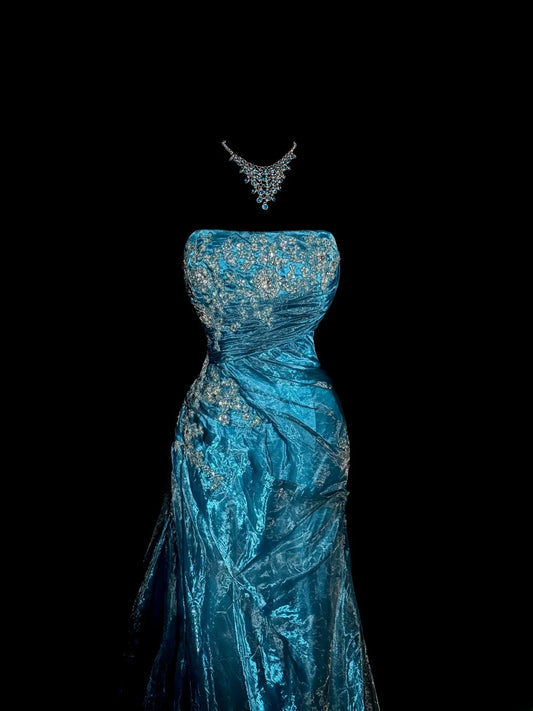 Stunning Mermaid Strapless Blue With Appliqued Long Prom Dresses Women Party Gowns MP586