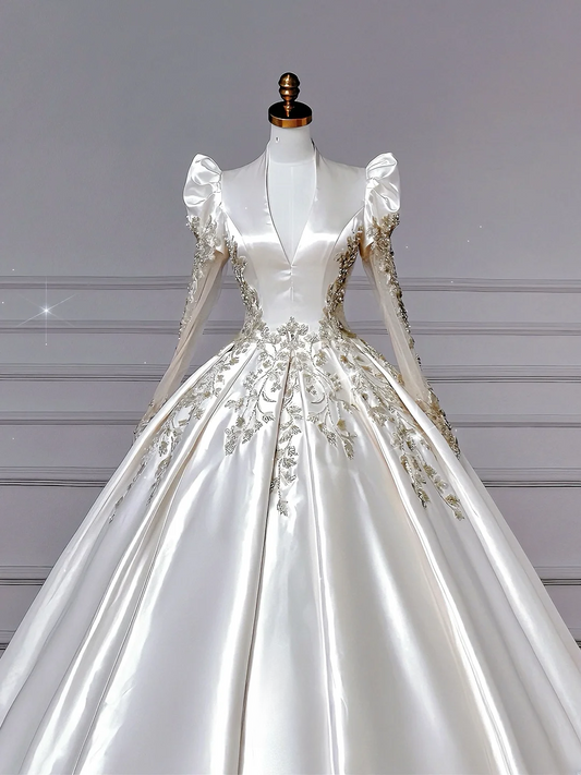 Princess Ball Gown V Neck Satin With Long Sleeves Beaded Bodice Appliques Princess Bridal Gowns Wedding Dresses MP042