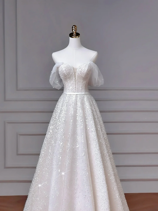Timeless A line Off The Shoulder With Short Sleeves Sequin Bodice Sweep Train Princess Bridal Gowns Wedding Dresses MP043