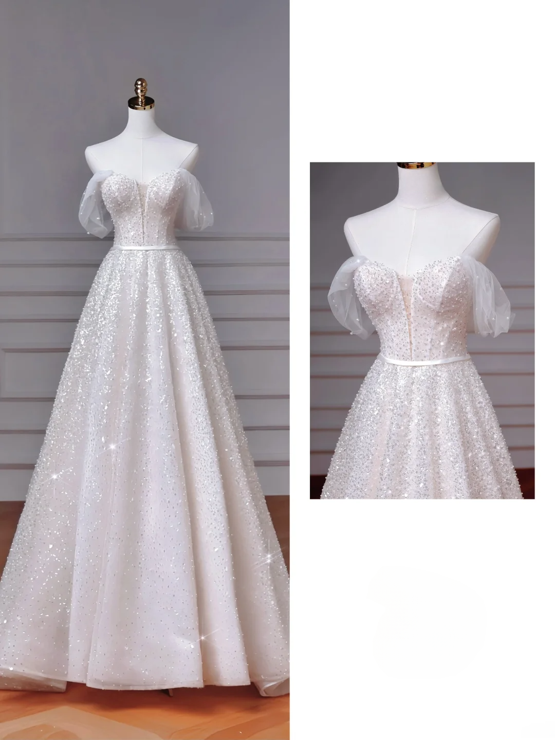 Robes de mariée princesse intemporelles ligne A, épaules dénudées, manches courtes, corsage à sequins, traîne balayée MP043