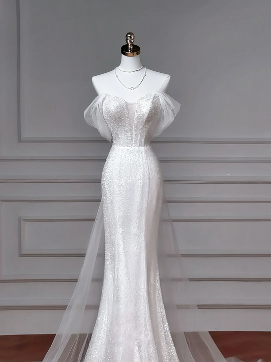Mermaid Off The Shoulder Sequin With Tulle Sleeves White Sweep Train Princess Bridal Gowns Wedding Dresses MP046