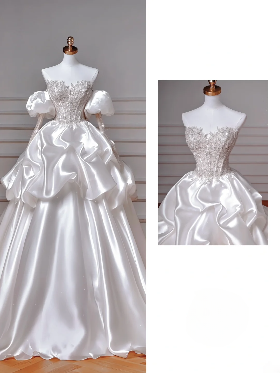 Prinzessin Ballkleid Herzförmiger Ausschnitt Satin Mit langen Ärmeln Perlenbesetztes Oberteil Applikationen Prinzessin Brautkleider Hochzeitskleid MP049