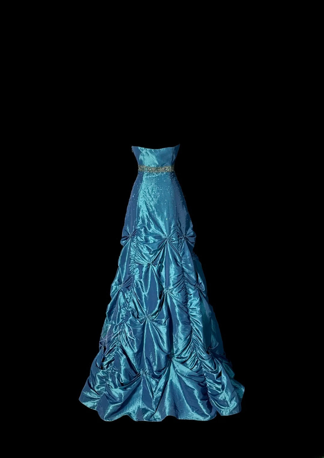 Gorgeous Ball Gown Strapless Blue Satin With Silver Beads Sleeveless Long Prom Dresses MP599