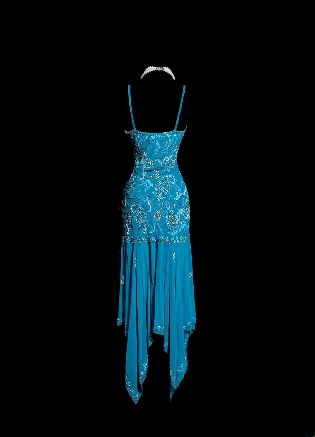 Classy A line Spaghetti Strap Blue Chiffon With Silver Beaded Sleeveless Mid Length Prom Dresses MP636