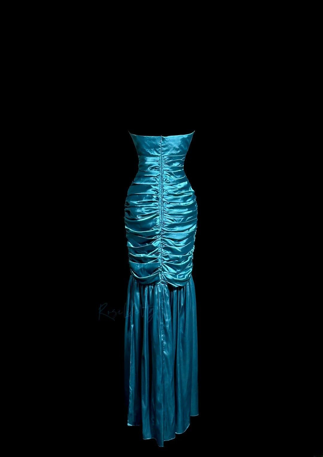 Classy Mermaid Strapless Blue Satin With Pleated Sleeveless Floor Length Prom Dresses MP637