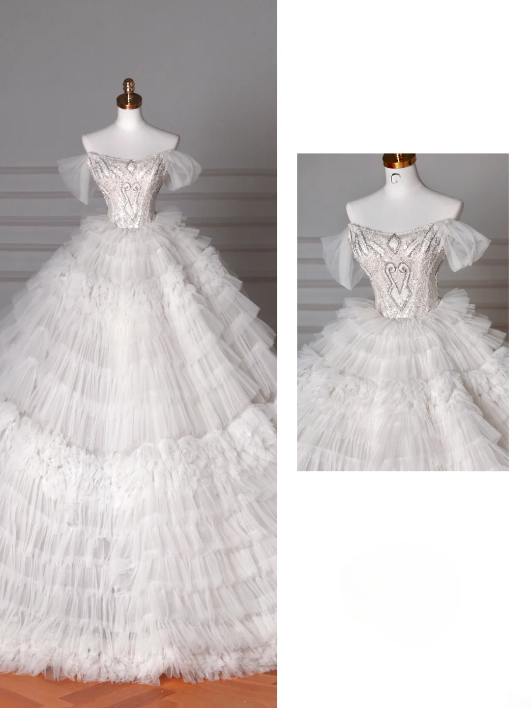 Wedding Dresses Fairytale Princesses Ball Gown Off The Shoulder Short Sleeves Tulle With Beadings Sweep Train Bridal Gown Wedding Dresses MP062