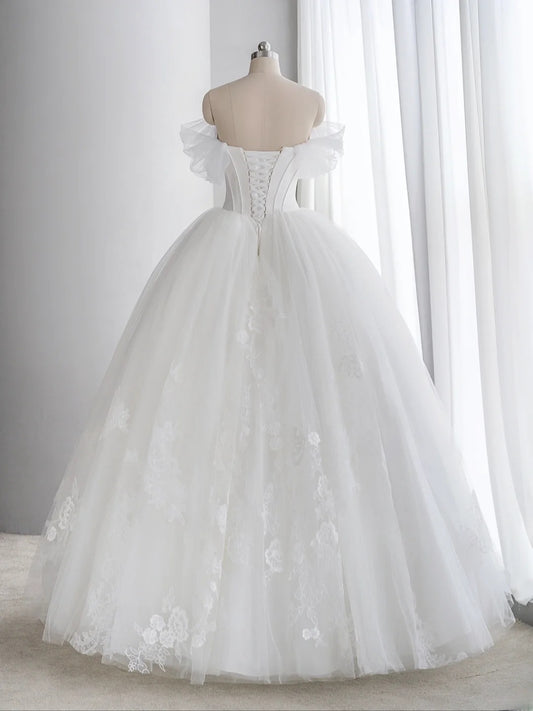 Elegant Ball Gown Off The Shoulder White Tulle With Cap Sleeves Princess Bridal Gown Long Wedding Dresses MP262