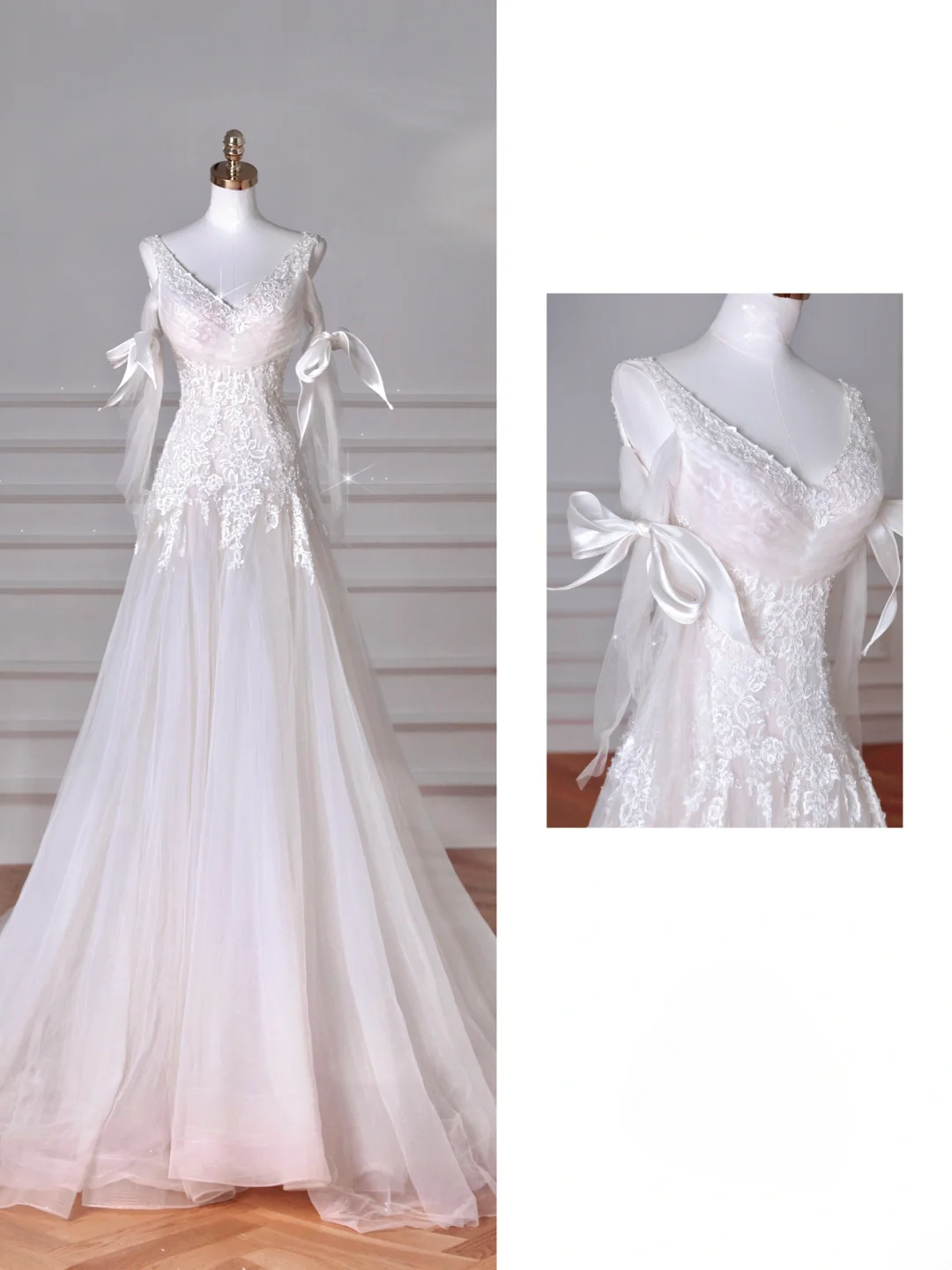 Robes de mariée princesse longues MP065 en dentelle et tulle à décolleté en V unique avec appliqués