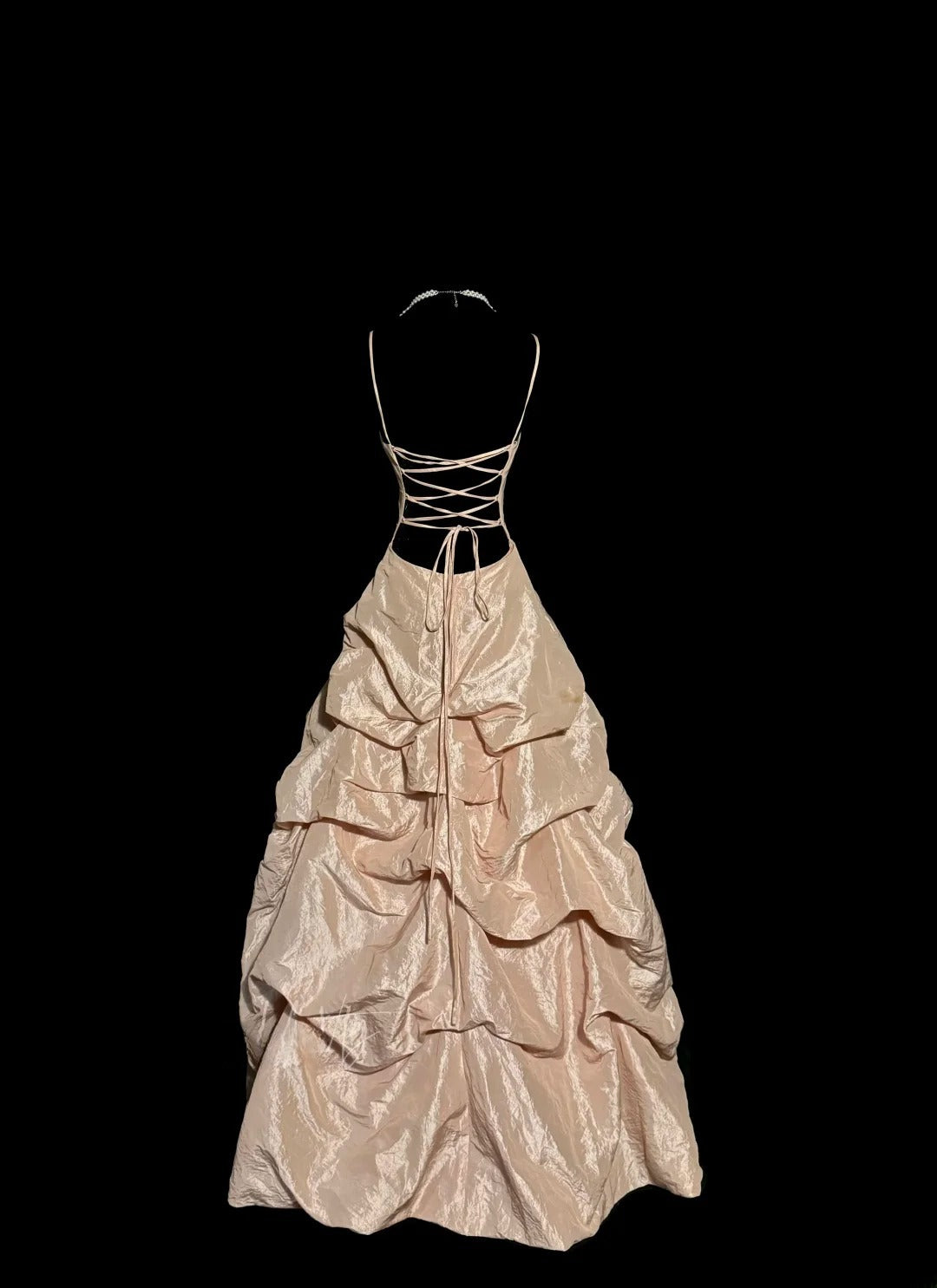 Robe de soirée élégante rose poudré à fines bretelles avec perles, longue pour bal de promo MP654