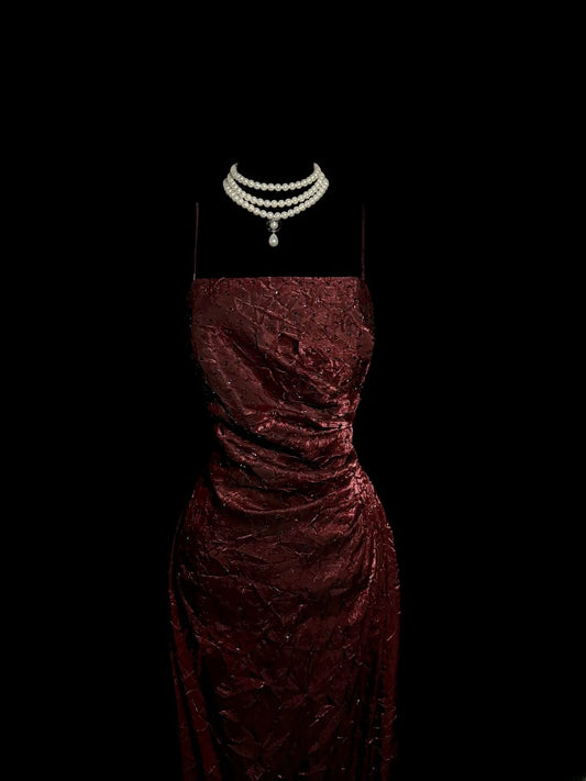 Glamorous Sheath Spaghetti Strap Burgundy Lace With Beaded Sleeveless Long Prom Dresses MP657