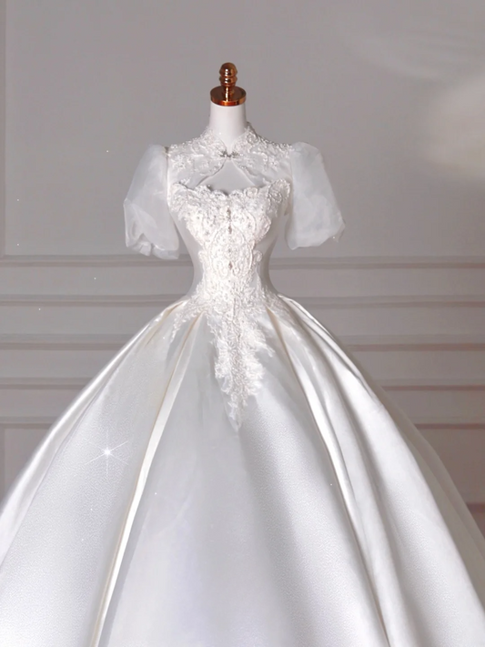 Ball Gown Strapless Satin With Tulle Short Sleeves Lace White Sweep Train Princess Bridal Gowns Wedding Dresses MP067