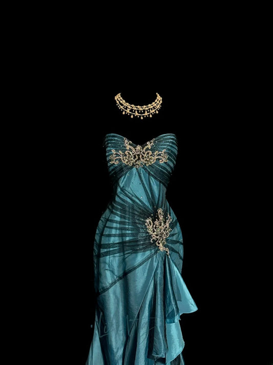 Aesthetic Mermaid Sweetheart Blue Satin With Black Tulle Ruched Inspiration Sleeveless Pageant Outfits Prom Dresses MP1166