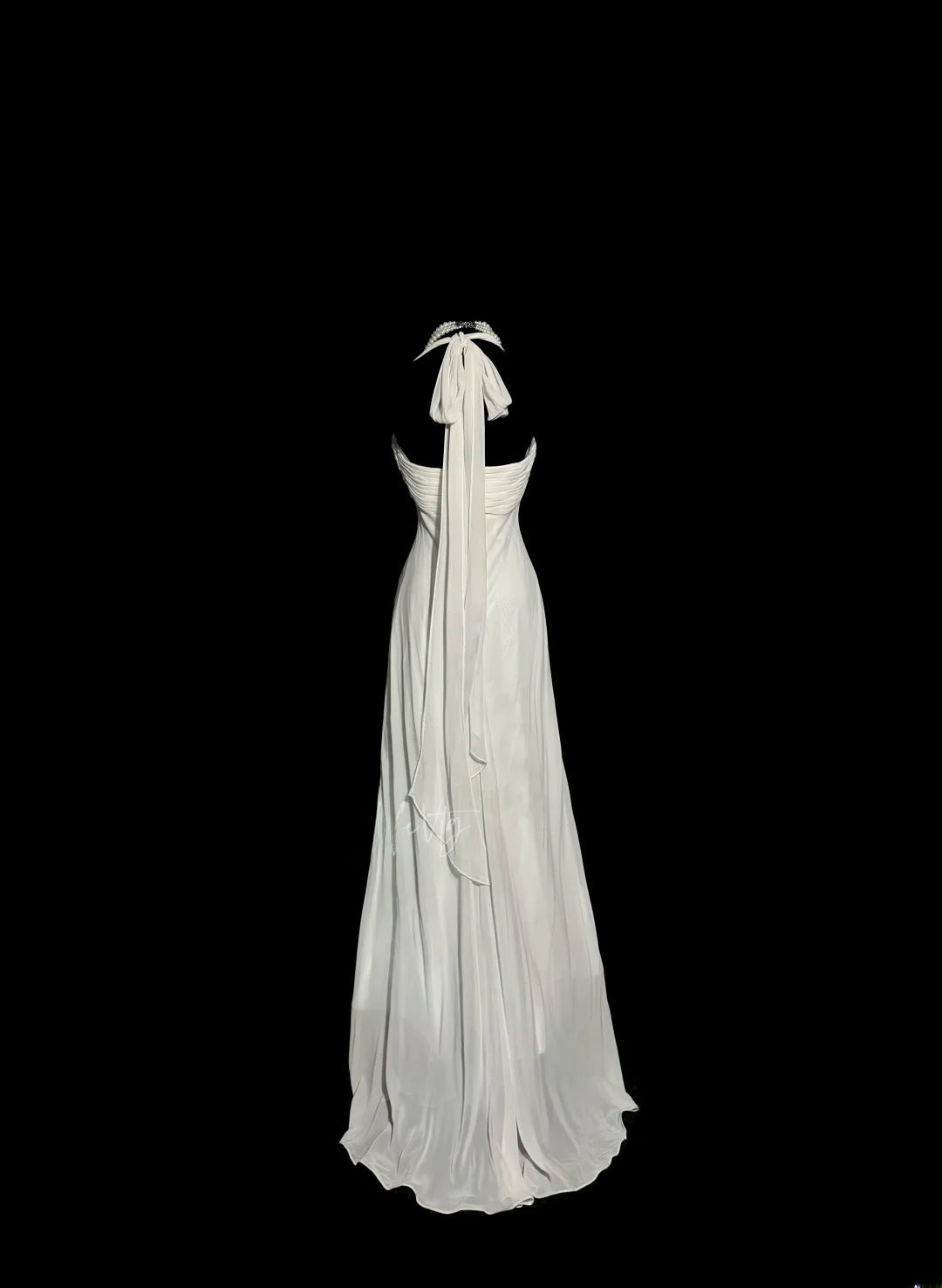 Robe de soirée sirène vintage en mousseline blanche avec volants plissés et longue sans manches, Robe de bal MP1169