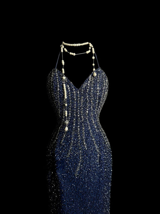 Fashionable Mermaid Halter Navy Blue Sequin Backless Retro Themed Prom Outfits 90s Y2K Evening Dress Long Prom Dresses MP1233