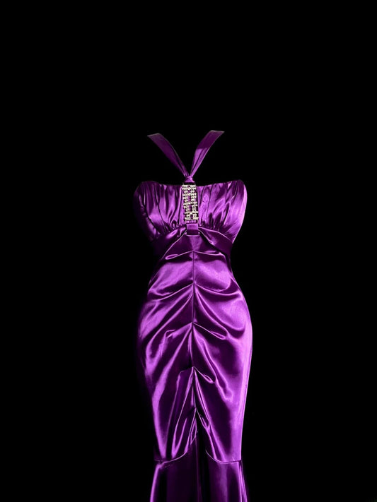 Gorgeous Mermaid Halter Purple Satin Retro Themed Prom Outfits 90s Y2K Evening Dress Long Prom Dresses MP1236