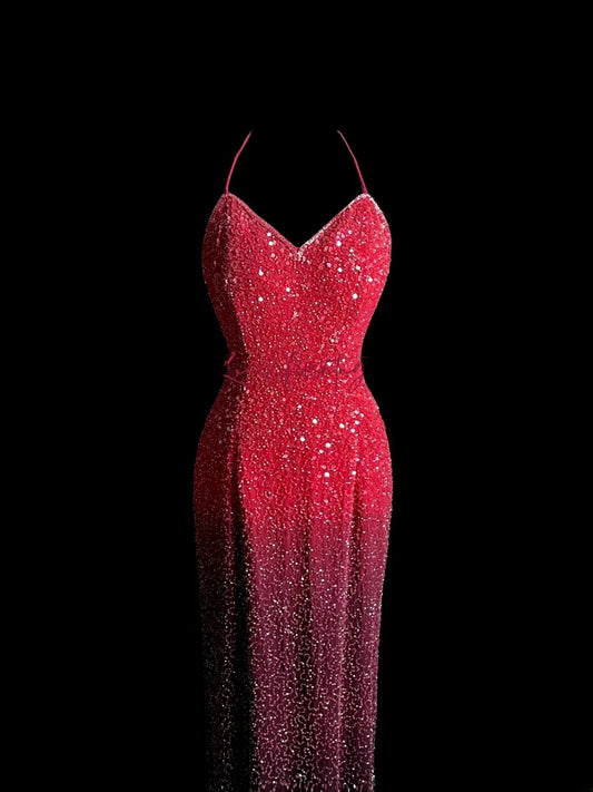 Sequin Mermaid Prom Dresses Halter Ombre Pink Backless Corset Back Formal Dresses Vintage 80s Evening Outfits MP1442