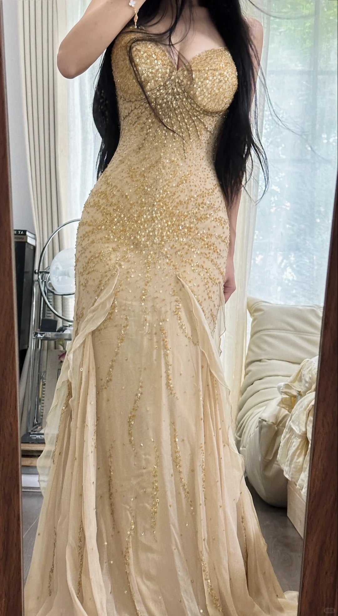 Sexy Mermaid Strapless Gold Chiffon Sleeveless Formal Outfit Long Prom Dresses M5P1105