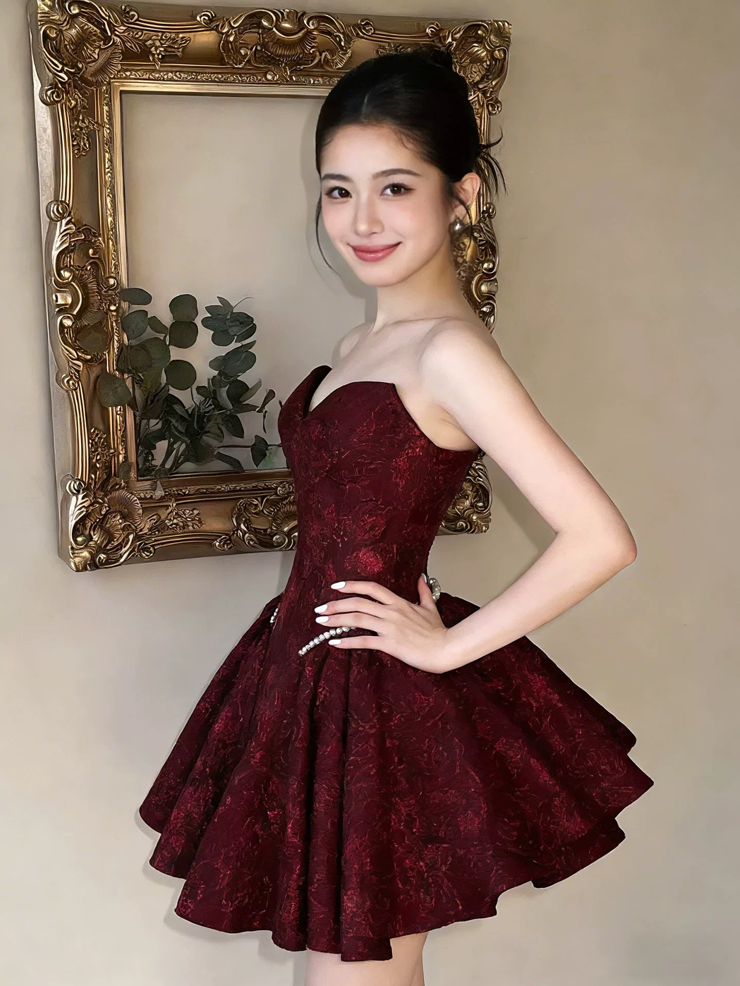 Cute Ball Gown Strapless Burgundy Satin Lace Sleeves Ideas For Women Homecoming Dresses Night Outfit MP280