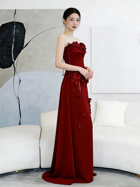 Classy Long Prom Dresses A line Strapless Burgundy Satin Formal Dress Graduation Gowns MP285