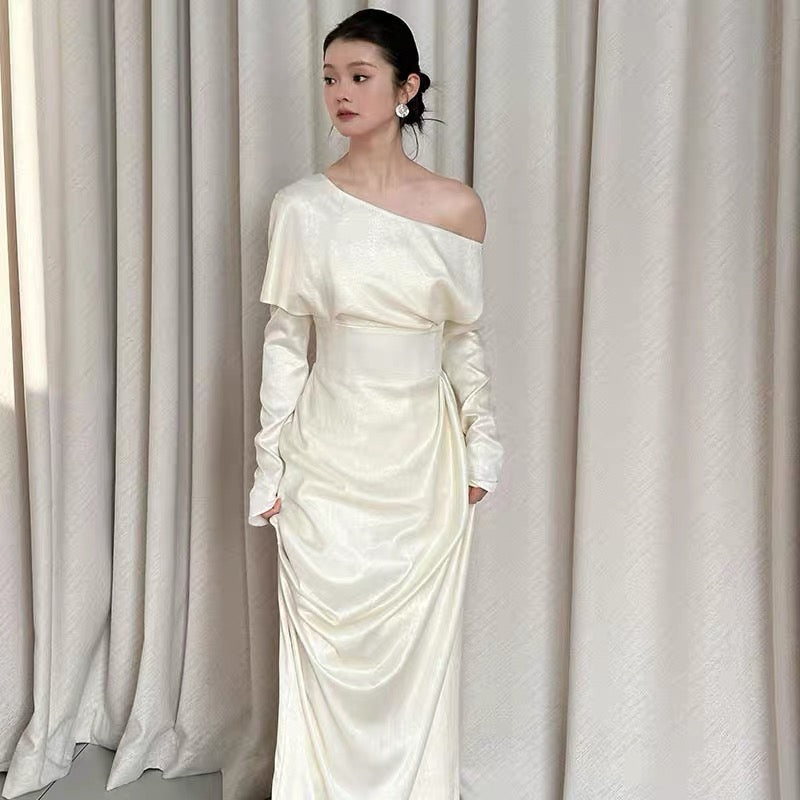 Simple Long Prom Dresses Sheath Off The Shoulder Ivory Formal Dress Graduation Gowns MP289