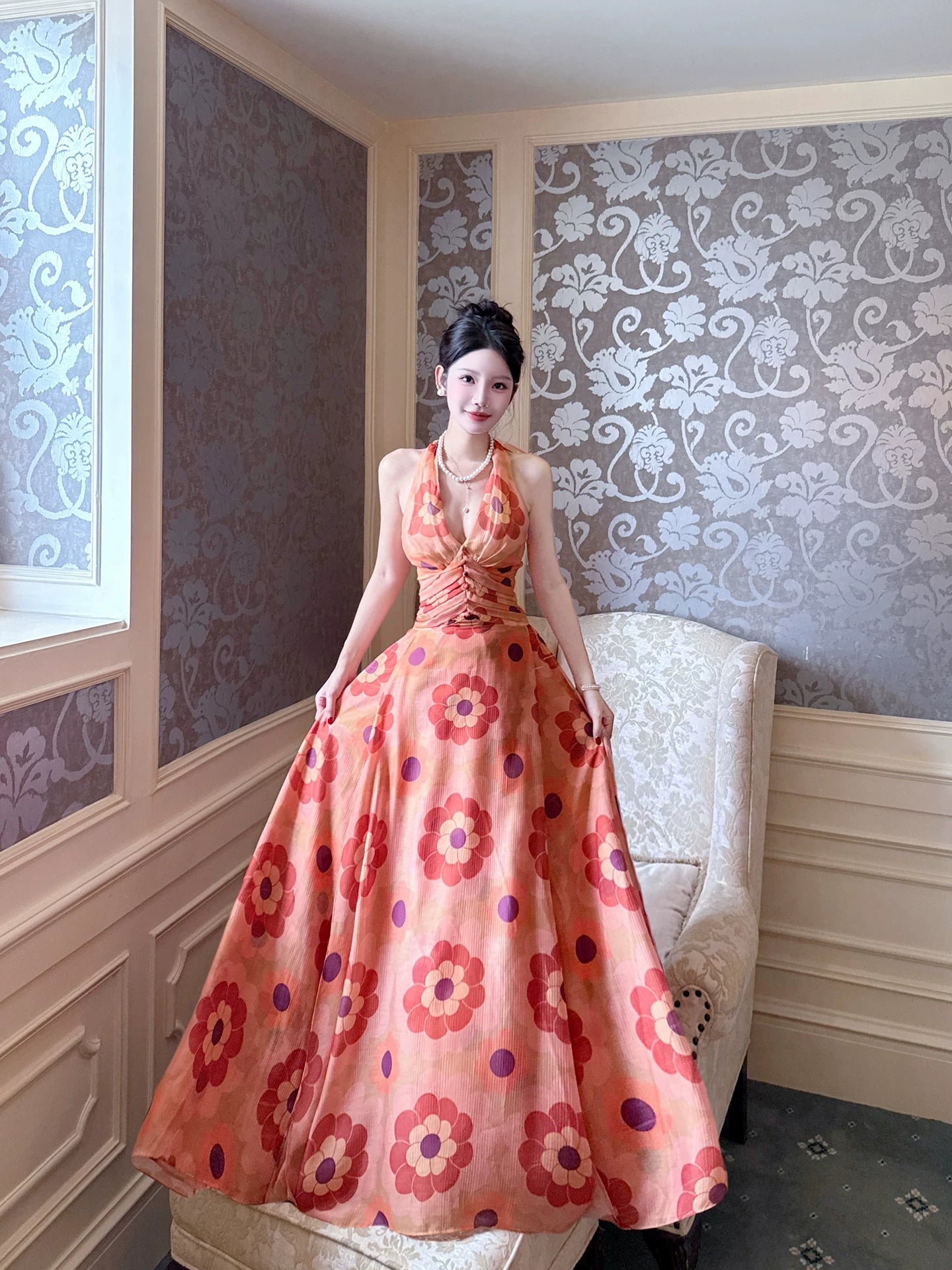 French Style A line Halter Floral Chiffon Ideas For Women 21st Impress Birthday Dress Evening Night Outfit MP146