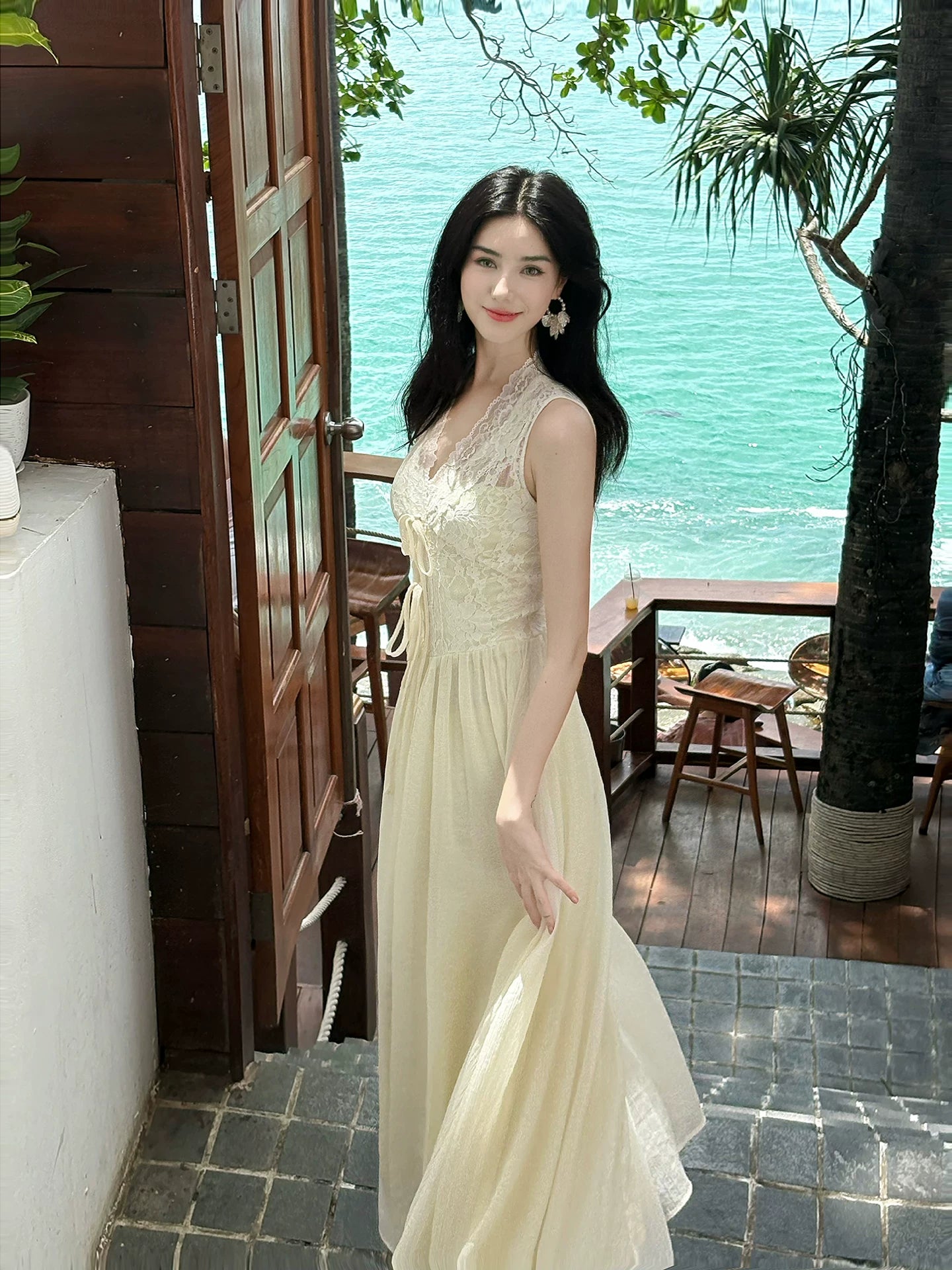 French Style A line V Neck Lace Ivory Chiffon Ideas For Women 21st Impress Birthday Dress Evening Night Outfit MP147