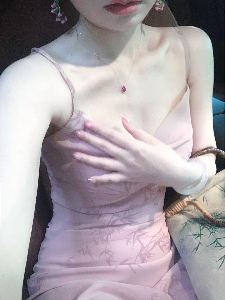 Robe longue de soirée rose florale sexy moulante à bretelles spaghetti pour femmes Robes de fête Tenues de plage de vacances MP182