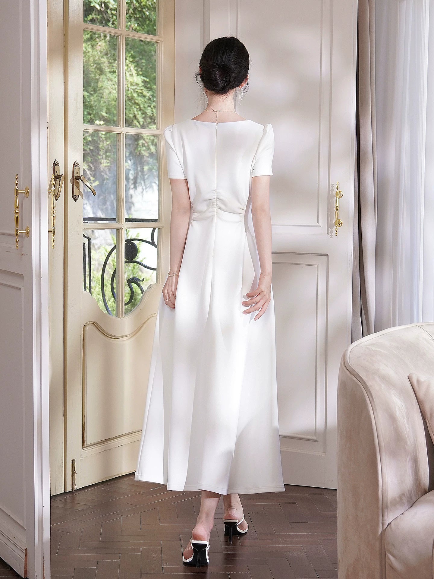 Französischer Stil Freizeit A-Linie Elfenbein Mit kurzen Ärmeln Knöchellang Satin Ideen für Damen zum 21. Geburtstag beeindrucken Kleid Abend Nacht Outfits MP134