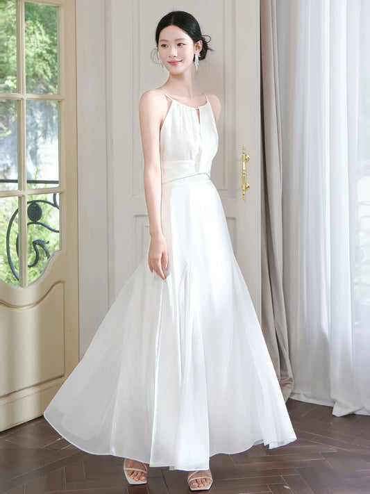 Cheap A Line Spaghetti Strap White Satin Ideas For Women 18th Impress Birthday Dress Evening Night Outfit MP117