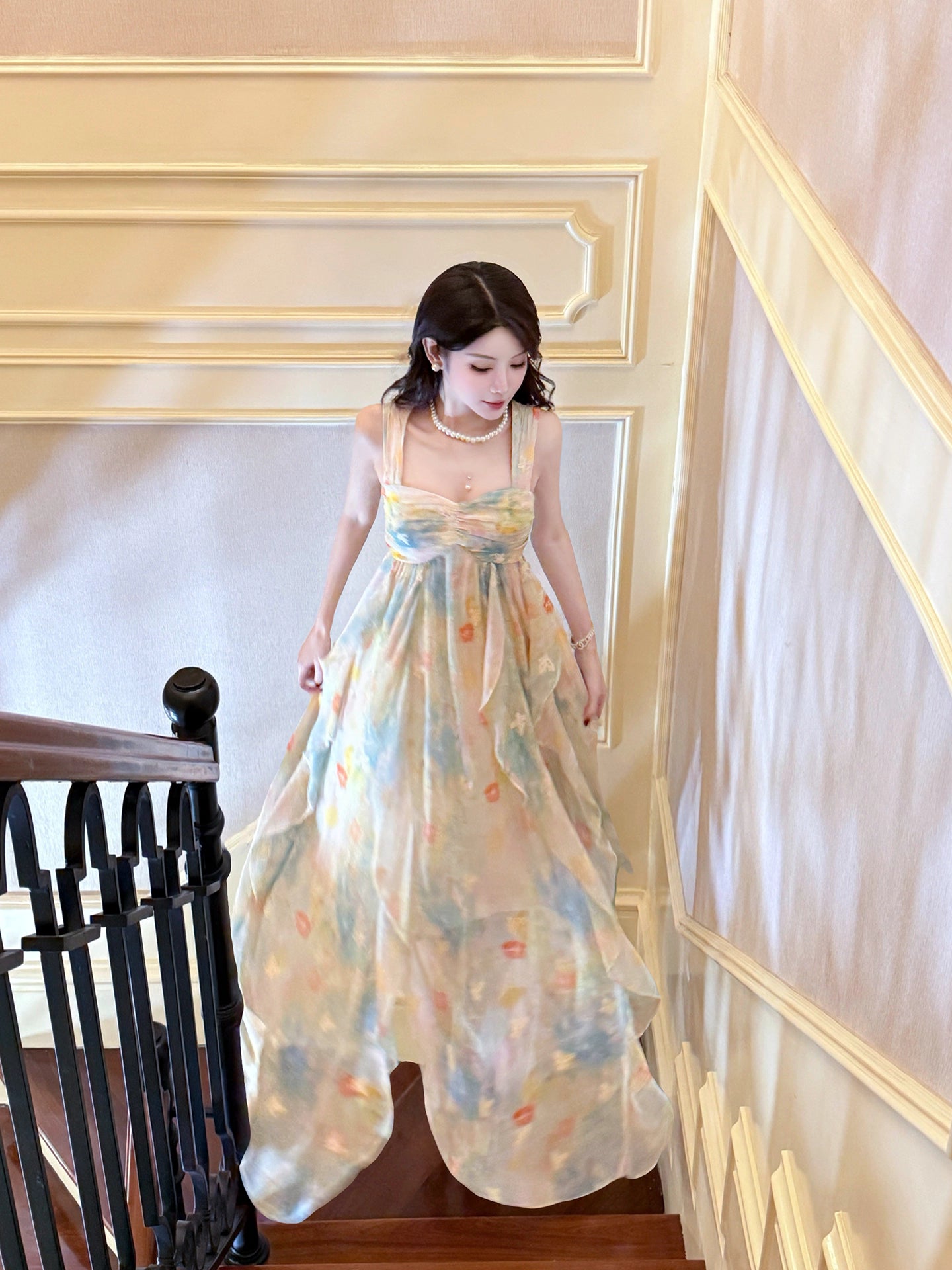 French Style A line Sweetheart Floral Chiffon Layers For Women Party Dress Long Night Evening Outfits MP170